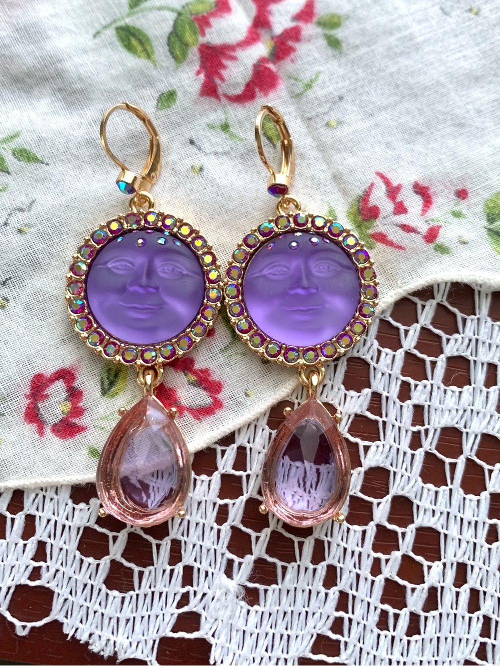 Kirk’s Folly Purple Moon Face Dangling Teardrop Vintage/Retro Earrings